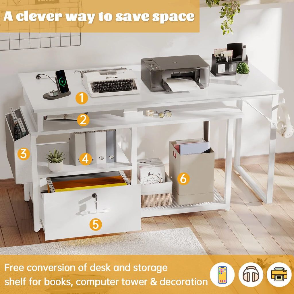 55" L Shaped Desk with Power Outlet, LED Gaming Desk with File Drawer, White H85059