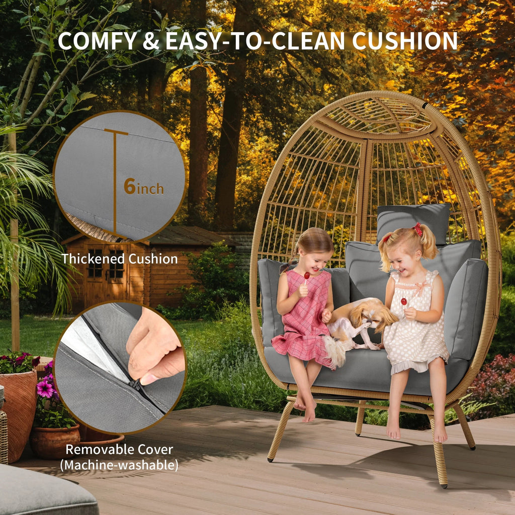 Large Wicker Egg Chair with Stand Cushion Grey A61095