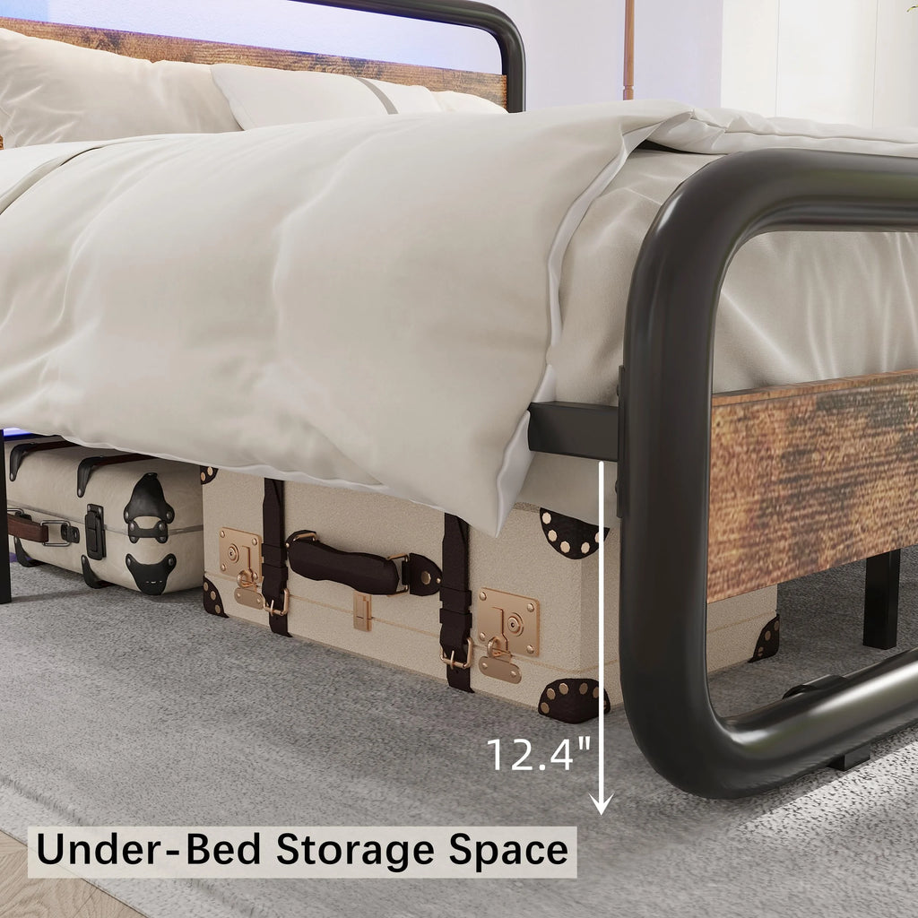 Queen Size Metal Platform Bed Frame with LED Headboard and Under-Bed Storage T18262