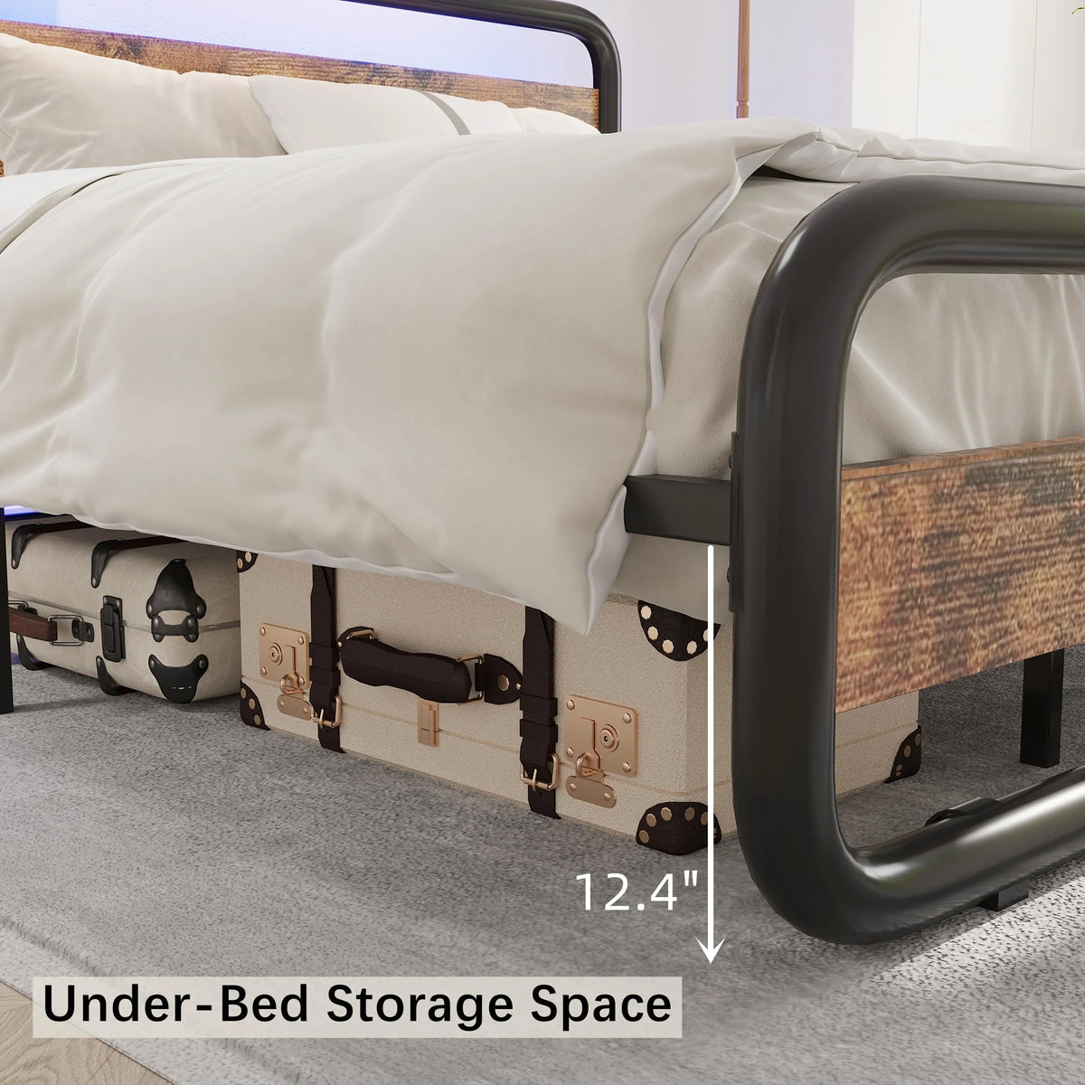 Queen Size Metal Platform Bed Frame with LED Headboard and Under-Bed Storage T18262