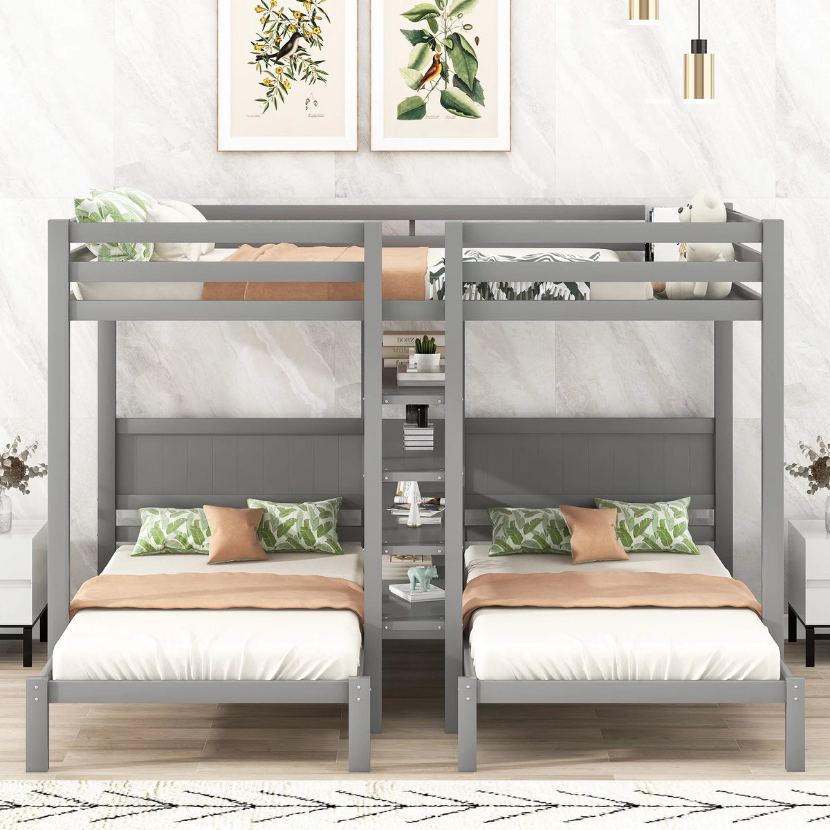 Full XL over Twin&Twin Bunk Bed with Shelves and Ladder Gray L538