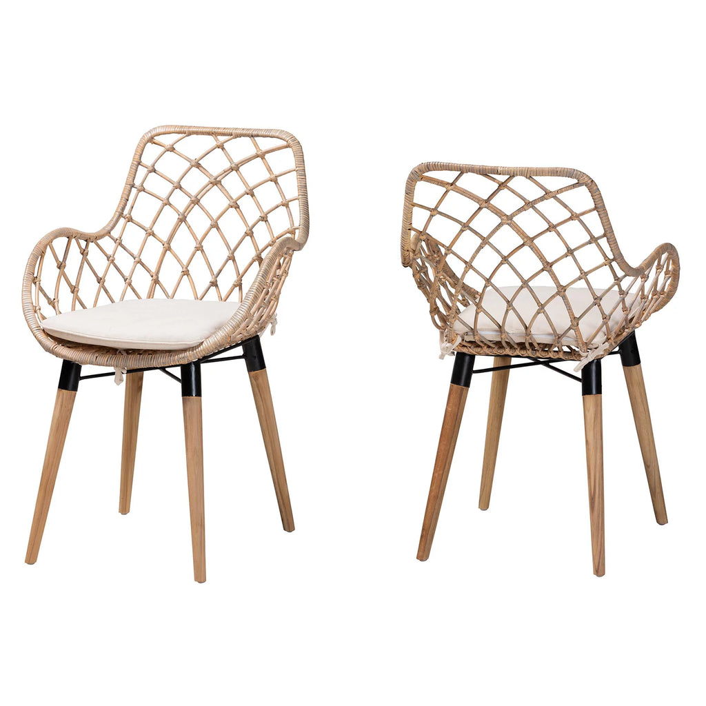 Natural Brown Teak Wood and Greywashed Rattan 2-Piece Dining Chair Set K2987
