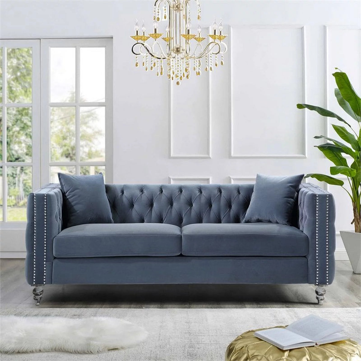 Dark Blue Button Tufted Velvet Sofa E34600
