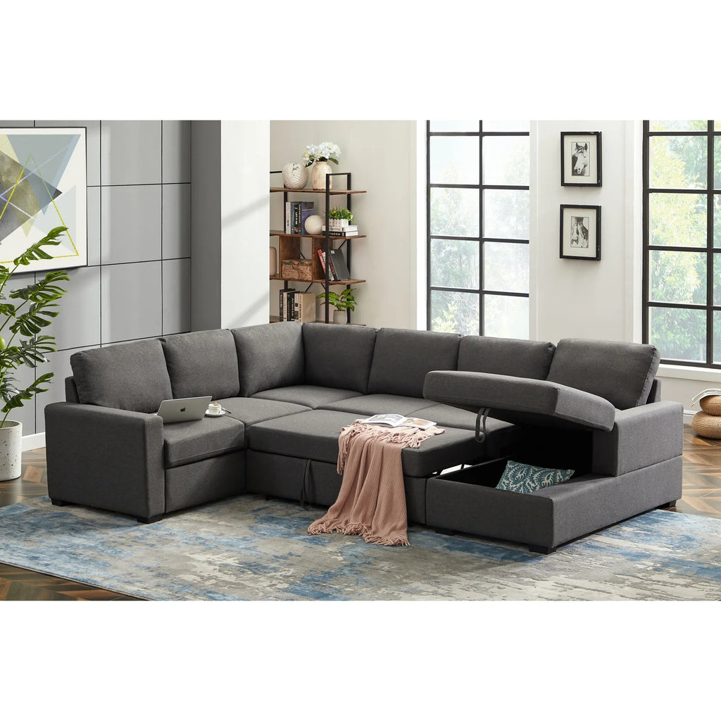 Gray Linen Left Hand Facing Sectional Sleeper Sofa T2040