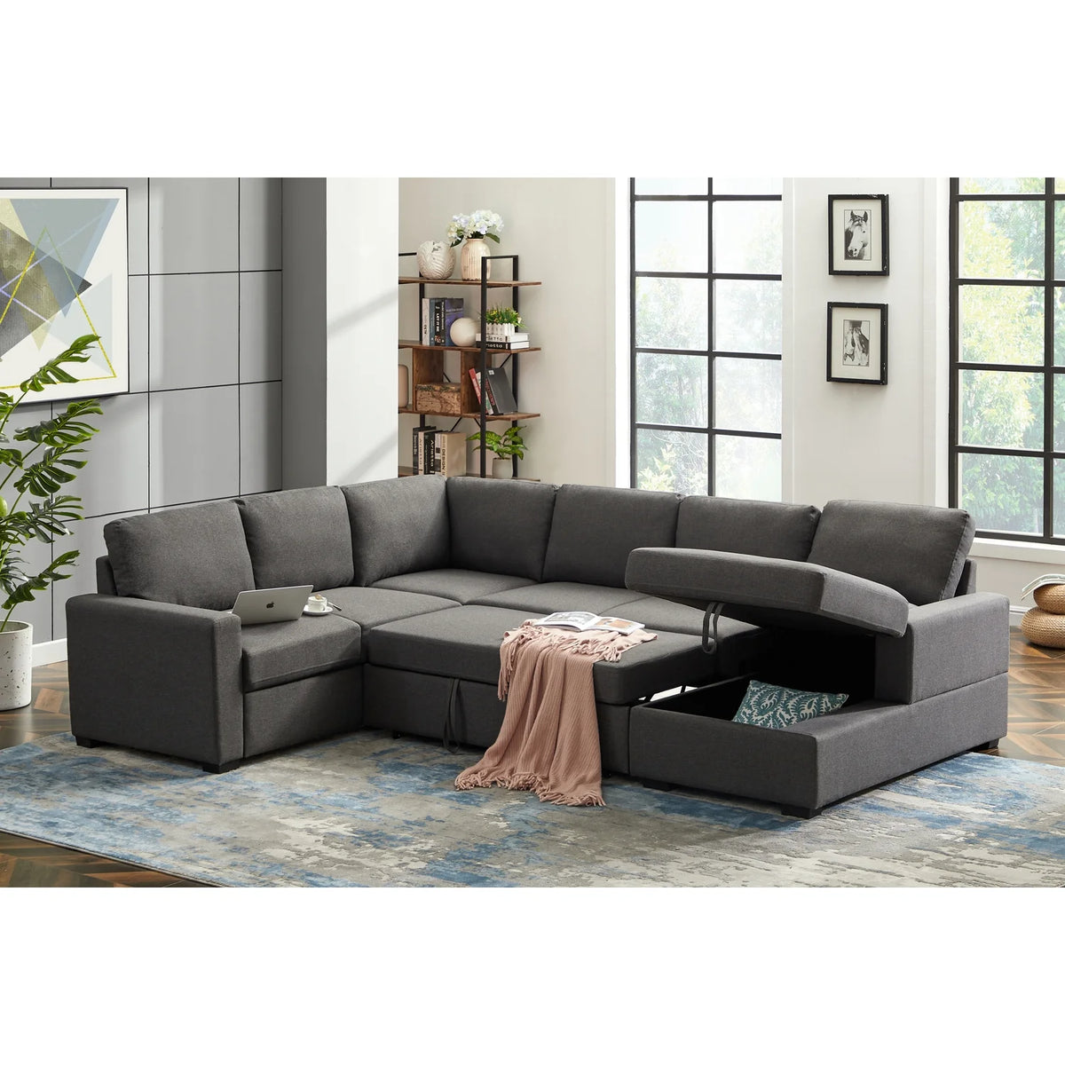 Gray Linen Left Hand Facing Sectional Sleeper Sofa T2040