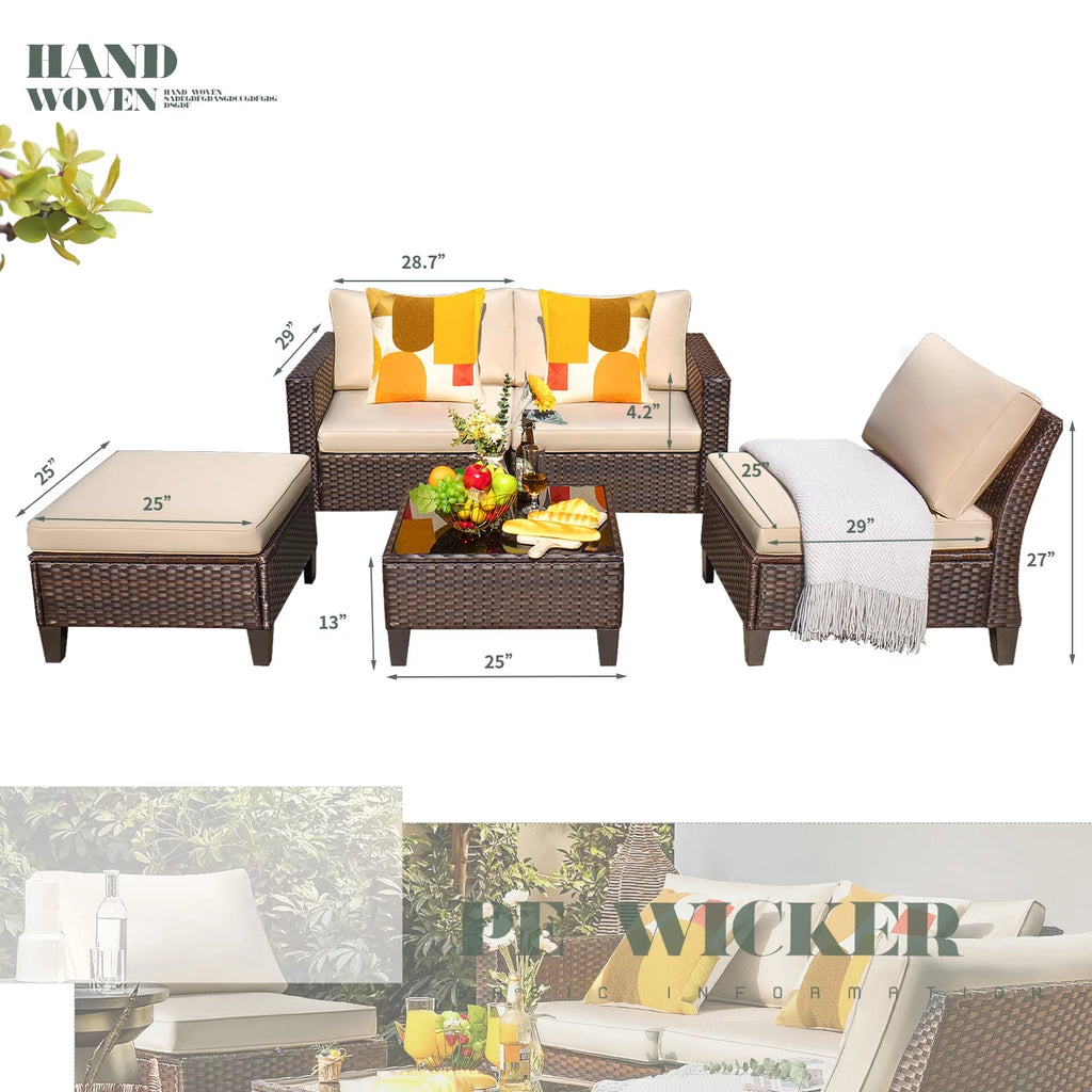 5 Pieces Wicker Rattan Outdoor Sofa Set with Ottoman D4968