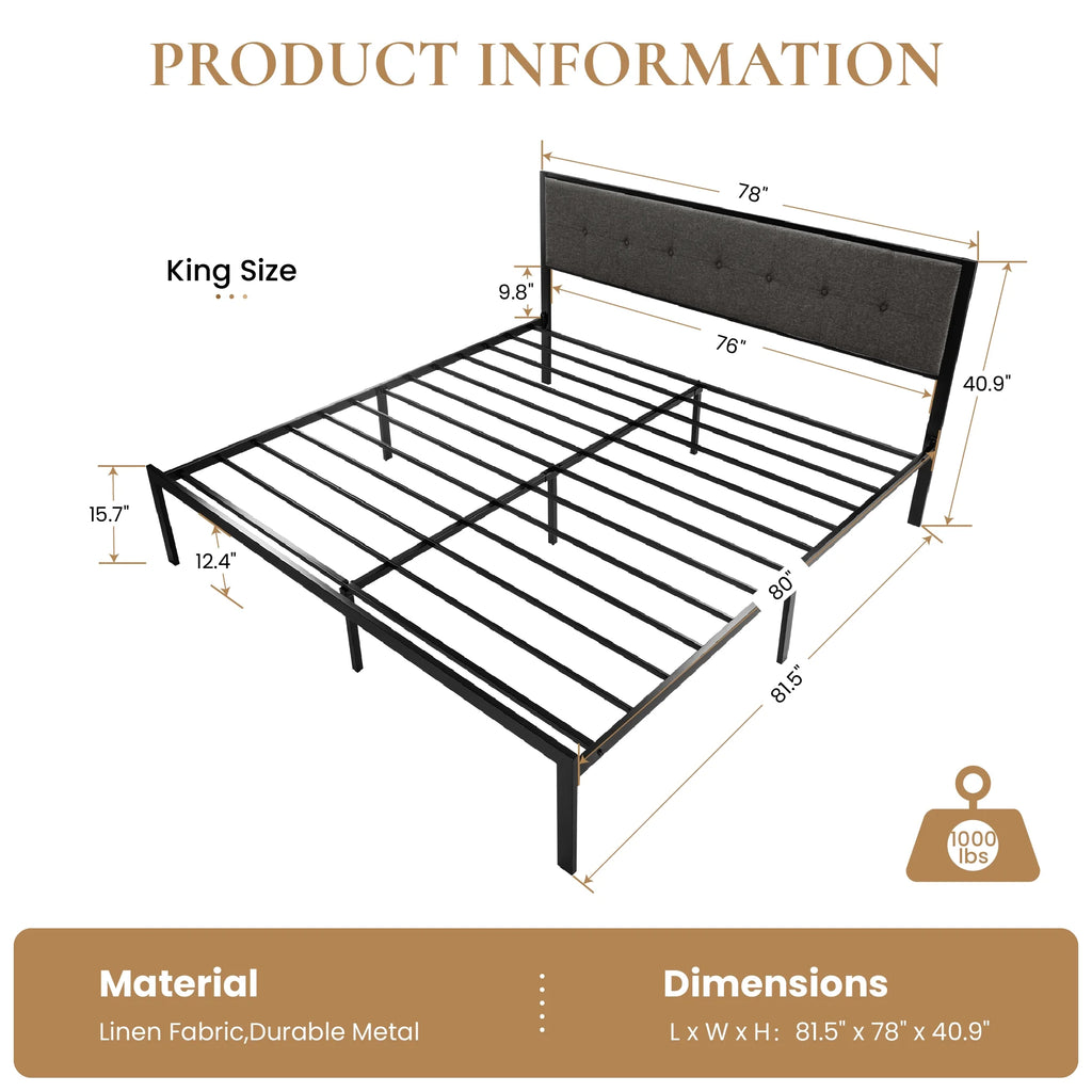 Black King Size Metal Platform Bed Frame with Fabric Headboard Q1626