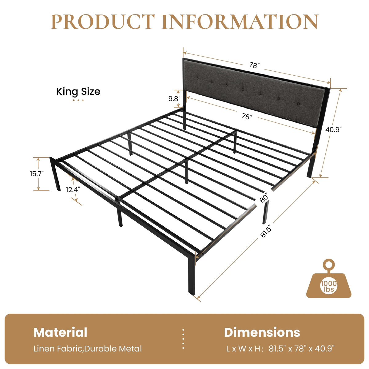 Black King Size Metal Platform Bed Frame with Fabric Headboard Q1626