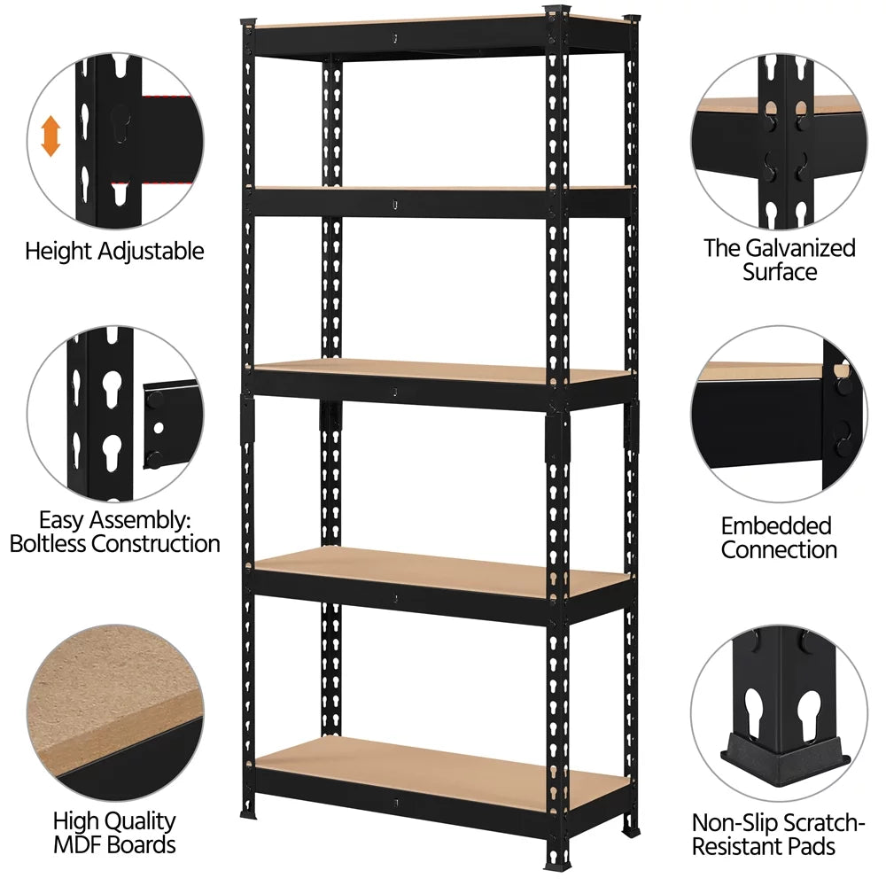 5-Shelf Adjustable Steel Storage Shelf Unit, Black, 2 Pack G11438