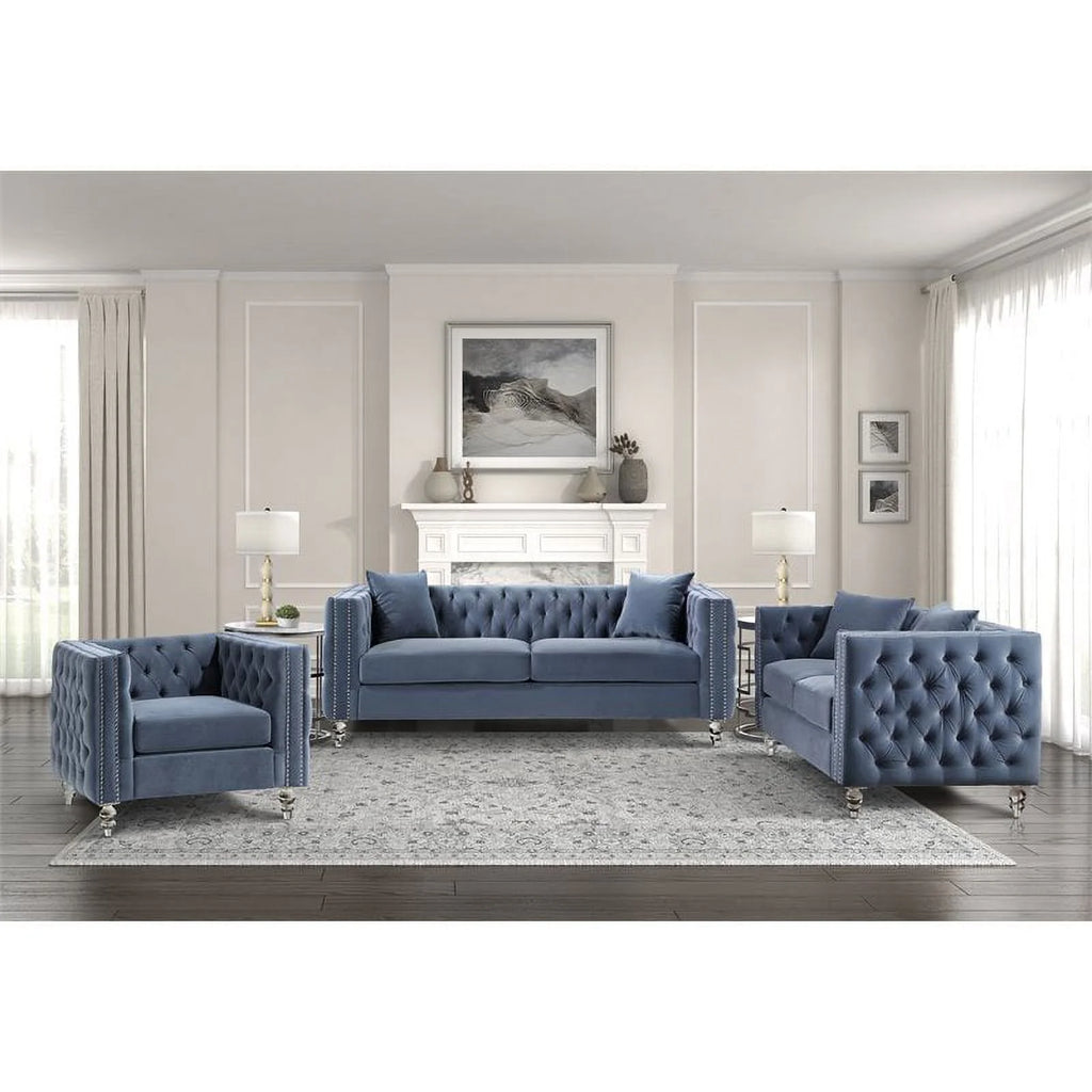 Dark Blue Button Tufted Velvet Sofa E34600