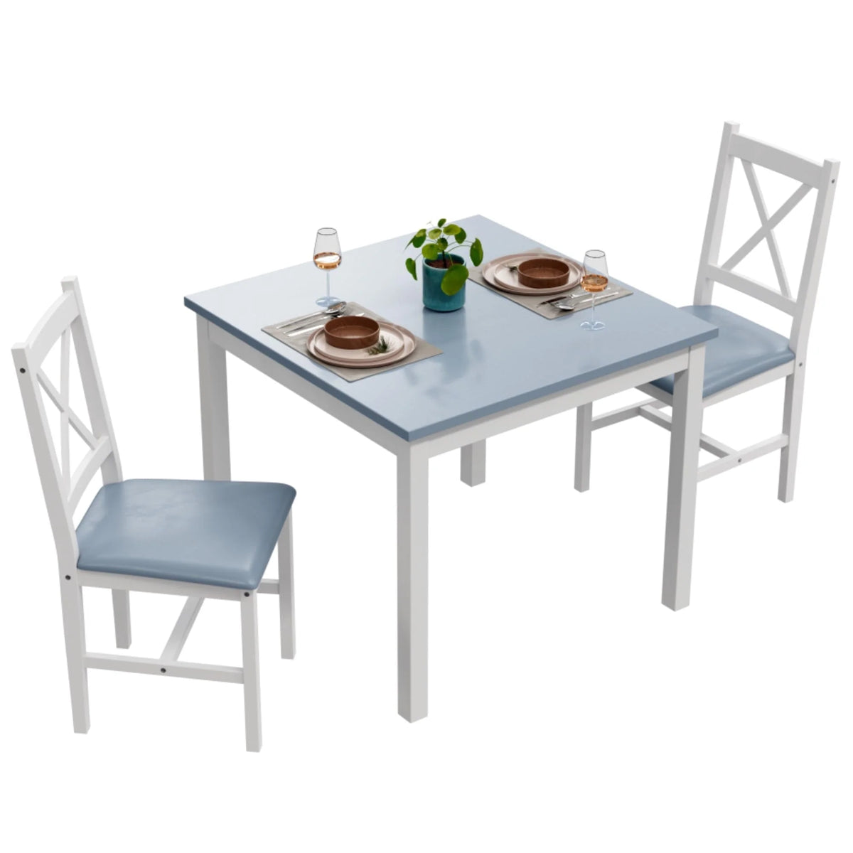 3 Piece Pine Wood Dining Table Set with 2 Upholstered Chairs V18473