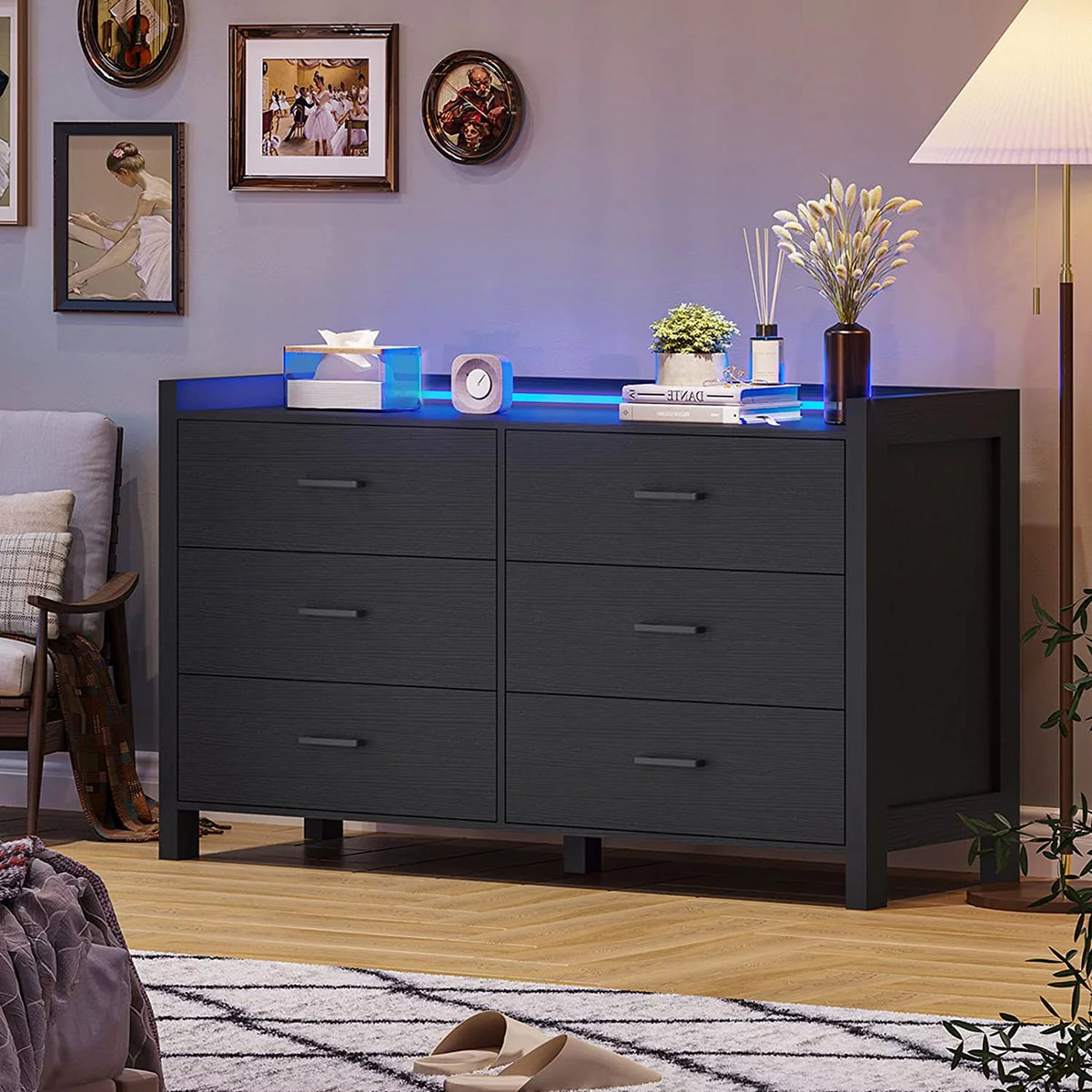 Black 6 Drawer Wood Dresser N7494