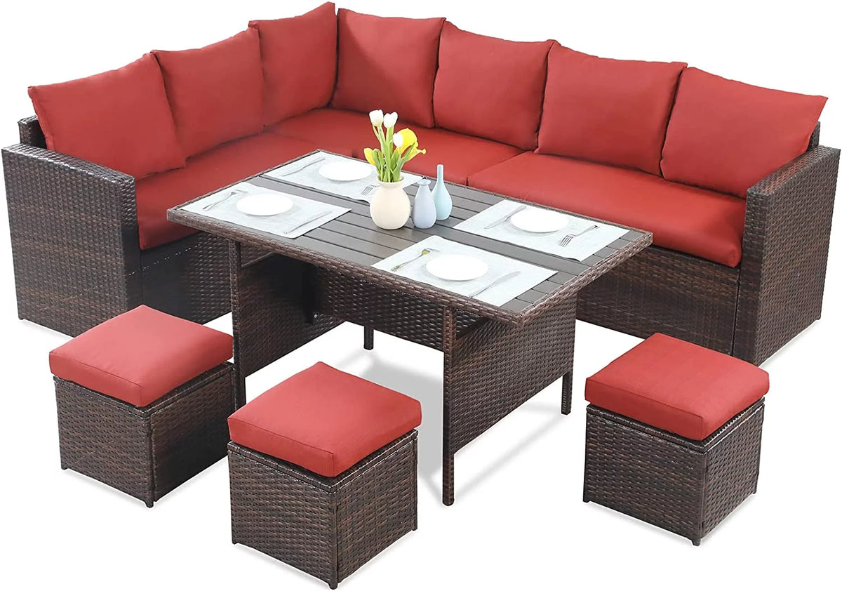 7 Pcs Outdoor Wicker Sofa Set with Table and Ottomans U9102
