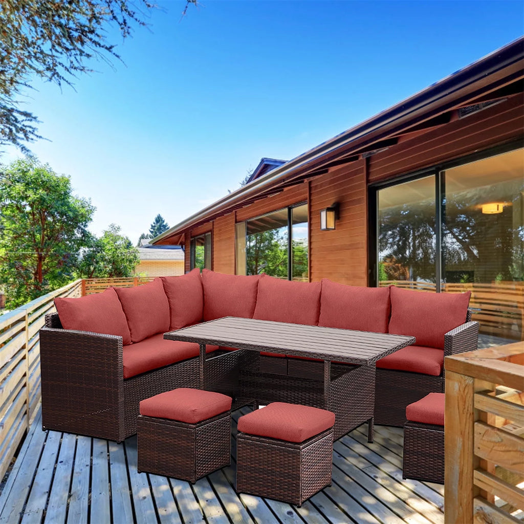 7 Pcs Outdoor Wicker Sofa Set with Table and Ottomans U9102