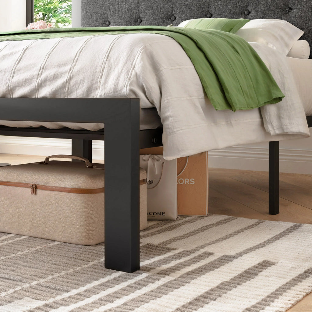 Black King Size Metal Platform Bed Frame with Fabric Headboard Q1626