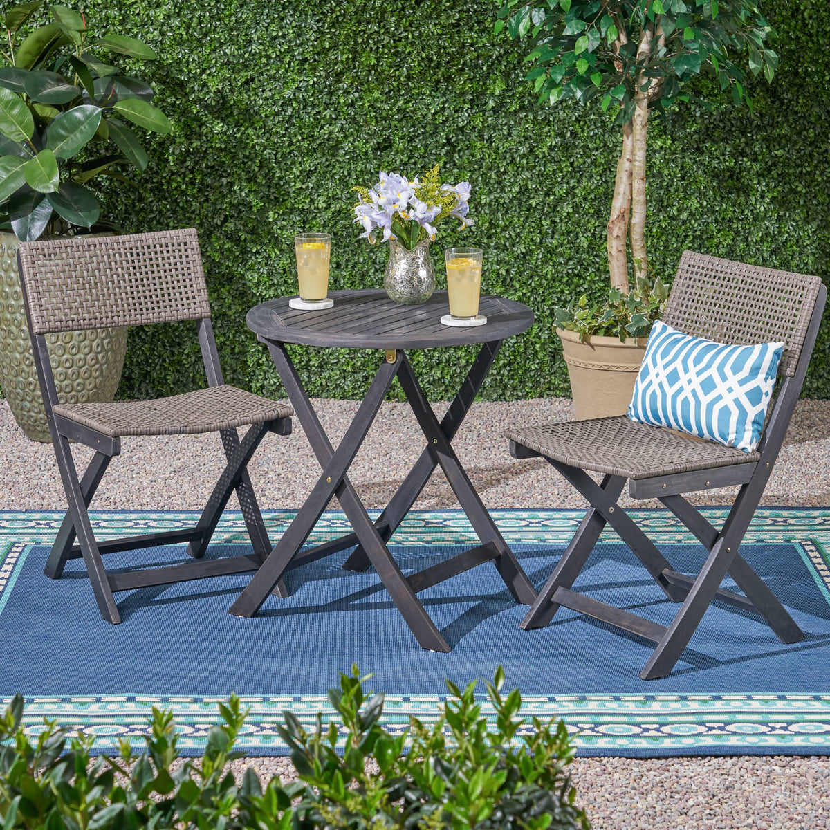 Acacia Wood Wicker Foldable Bistro Set with Chairs and Table Dark Gray D65984