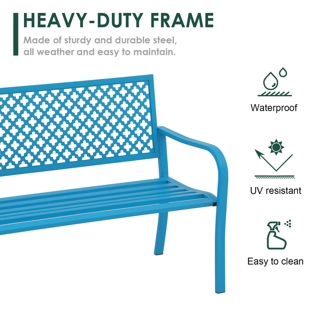 Blue 50in Metal Outdoor Garden Bench with Armrest I971095