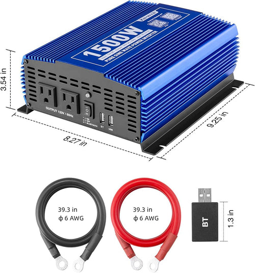 1500W Pure Sine Wave Power Inverter 12V DC to 110V AC with Bluetooth G431