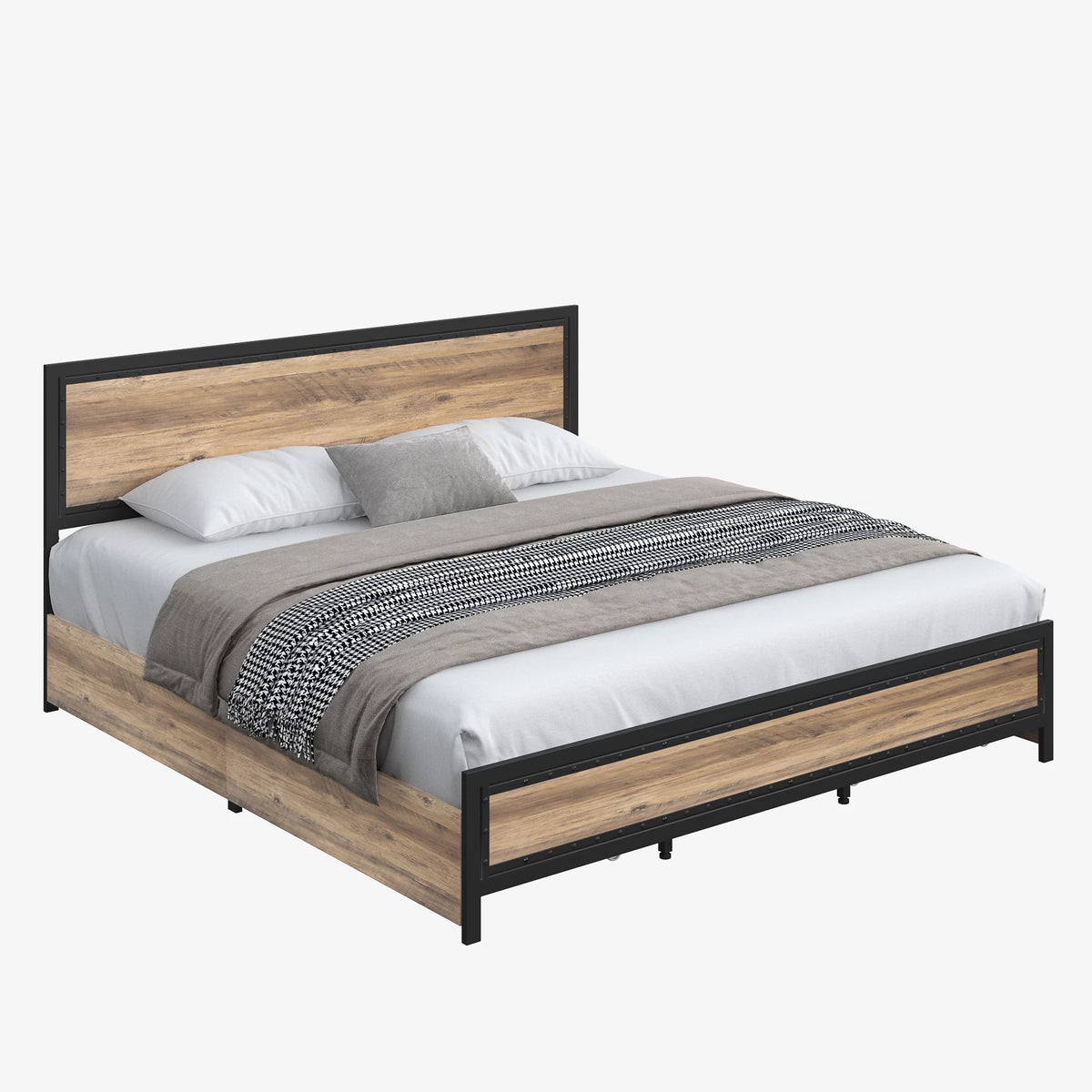 King 4 Drawer Gray Metal Platform Bed with Headboard I64865