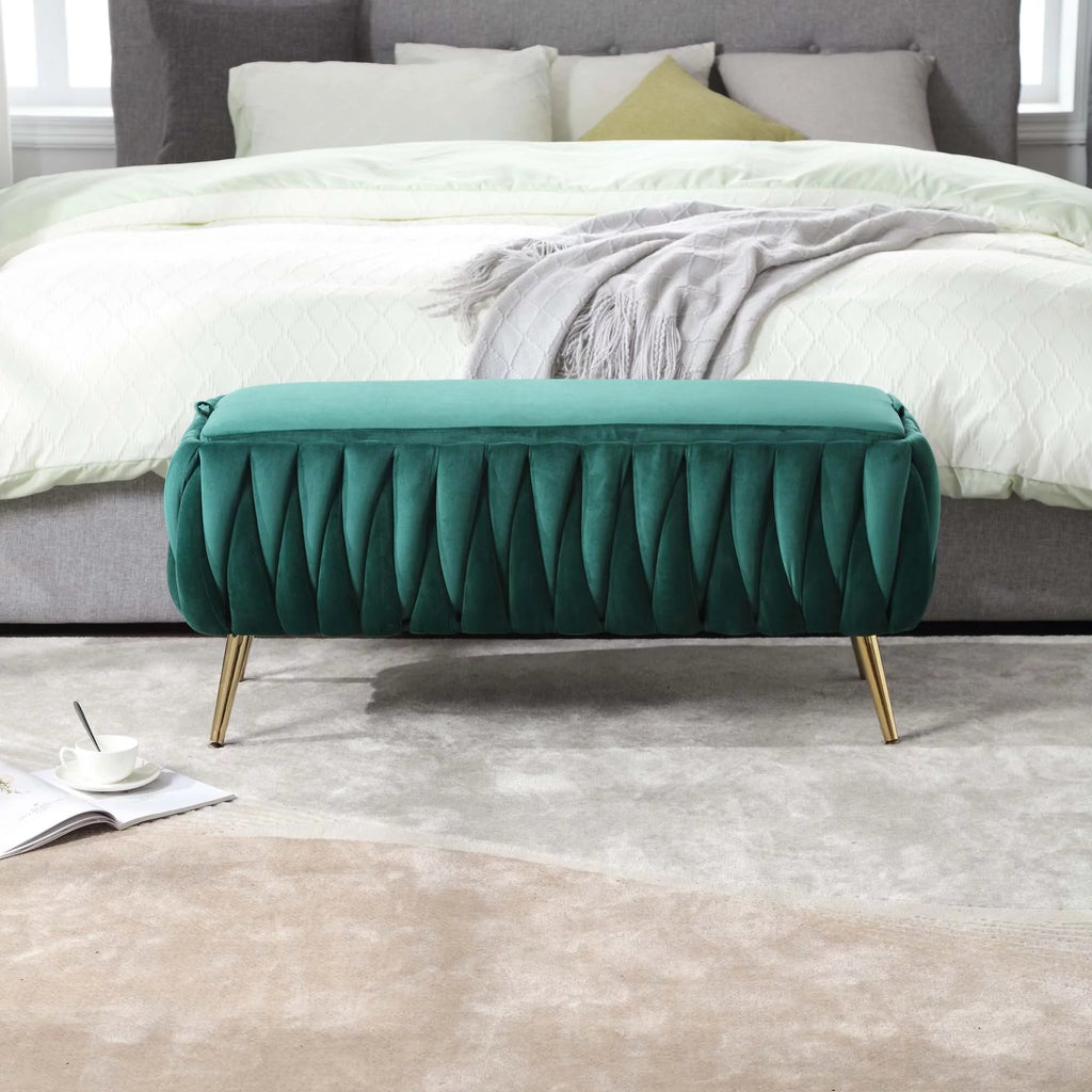 Green Velvet Storage Ottoman Bench with Handles G466546