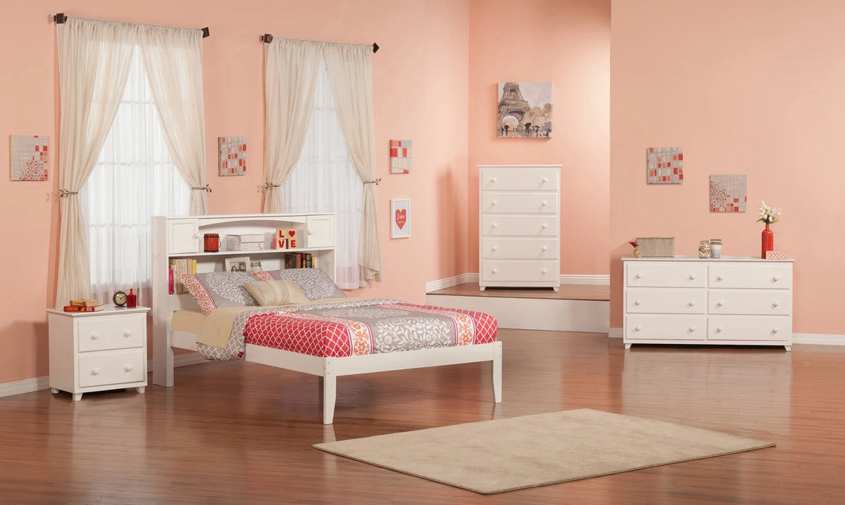 White Solid Wood Platform Bed with Storage Headboard Y8297