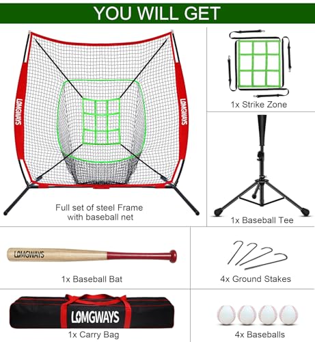 7'x7' Portable Baseball Net Set with Tee, Bat, Balls, Strike Zone, Carrying Bag H3424