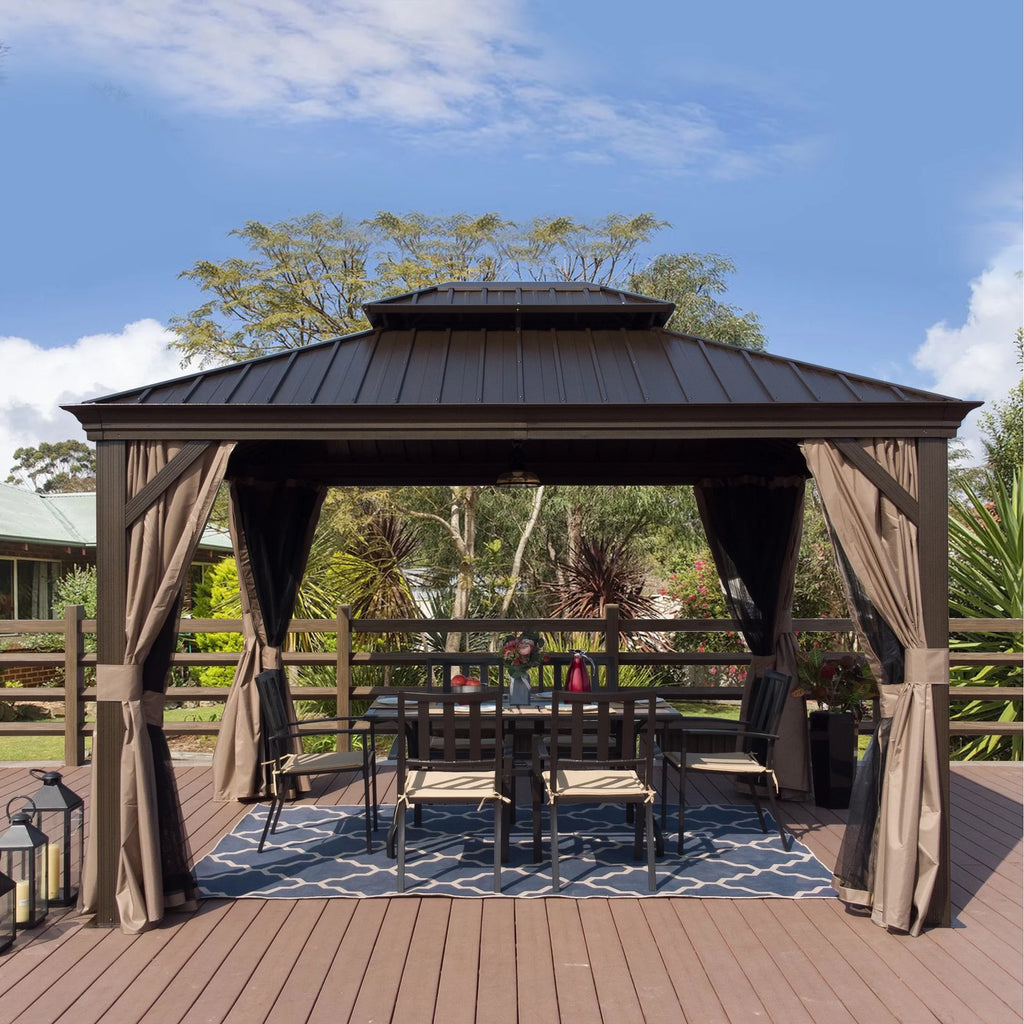Hardtop Aluminum Gazebo with Mosquito Net and Privacy Curtain Grey 10' x 12' L3357