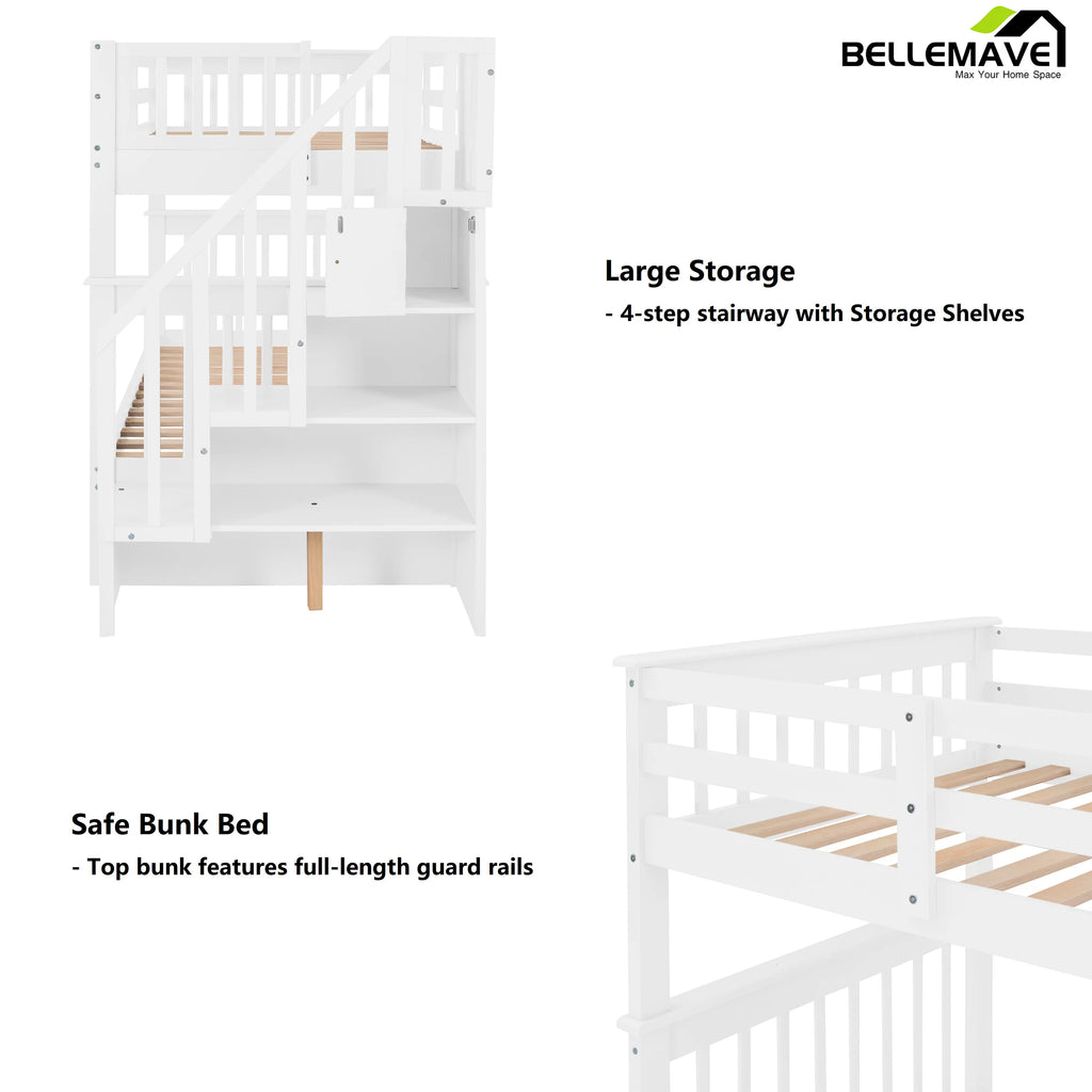 Twin Over Twin Bunk Bed with Storage Stairs and Guardrail, White U659