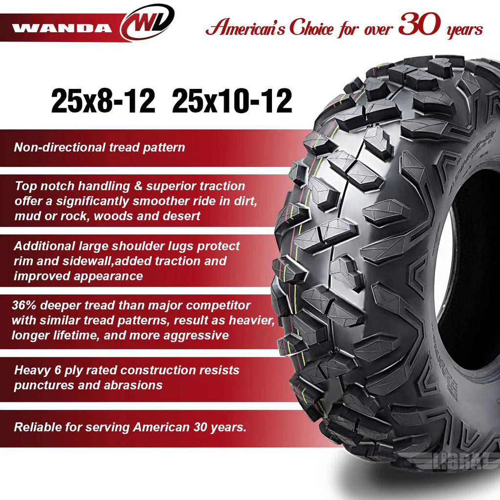 25x8-12 Front & 25x10-12 Rear ATV/UTV Tires Set 4 B991596