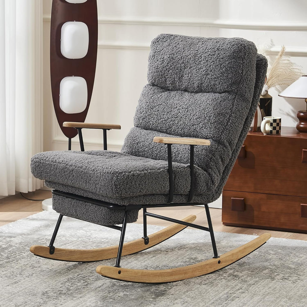 Beige Teddy Upholstered Rocking Chair with Footrest E999