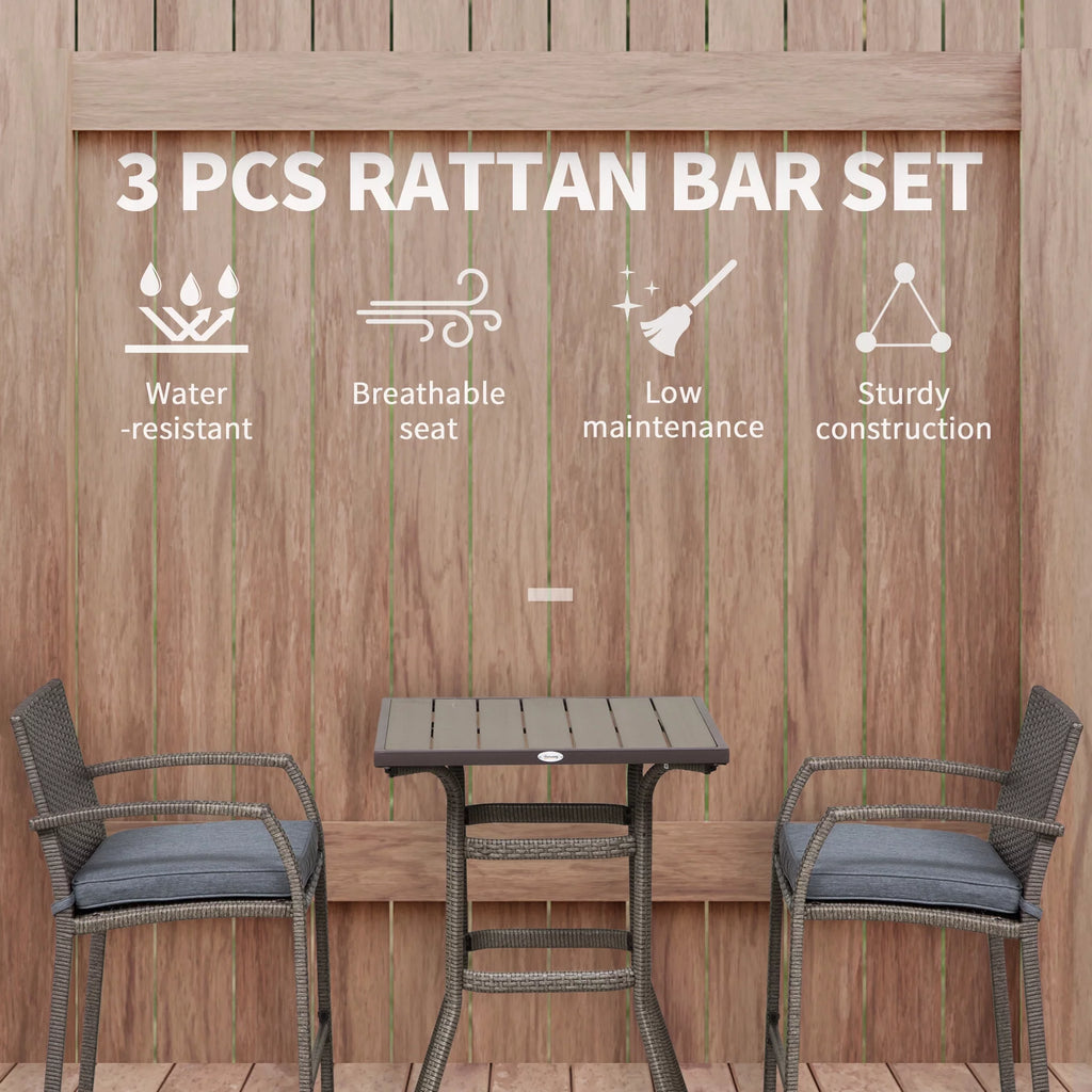 3 PCS Grey Rattan Wicker Bar Set with Wood Grain Top Table and 2 Bar Stools B91126