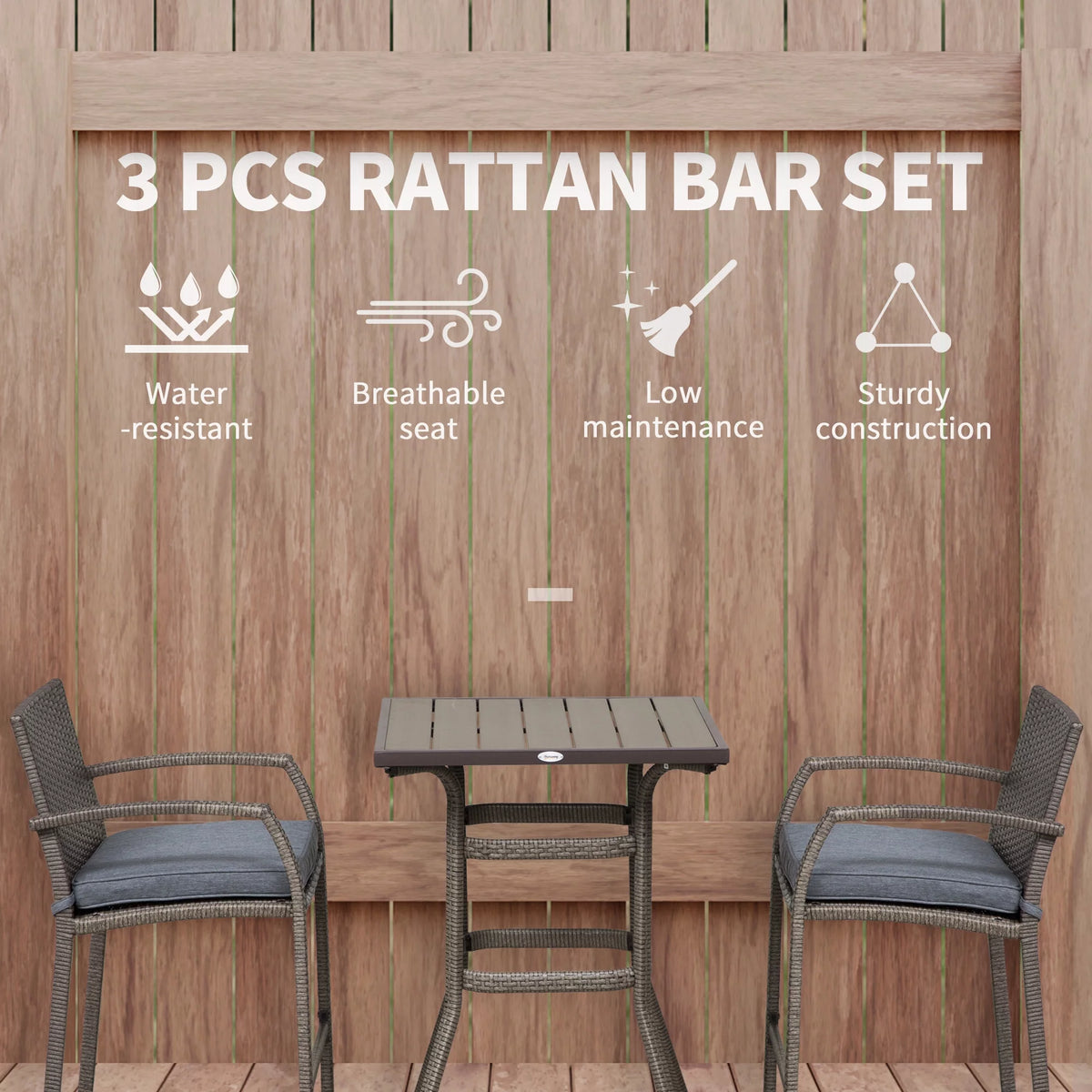 3 PCS Grey Rattan Wicker Bar Set with Wood Grain Top Table and 2 Bar Stools B91126