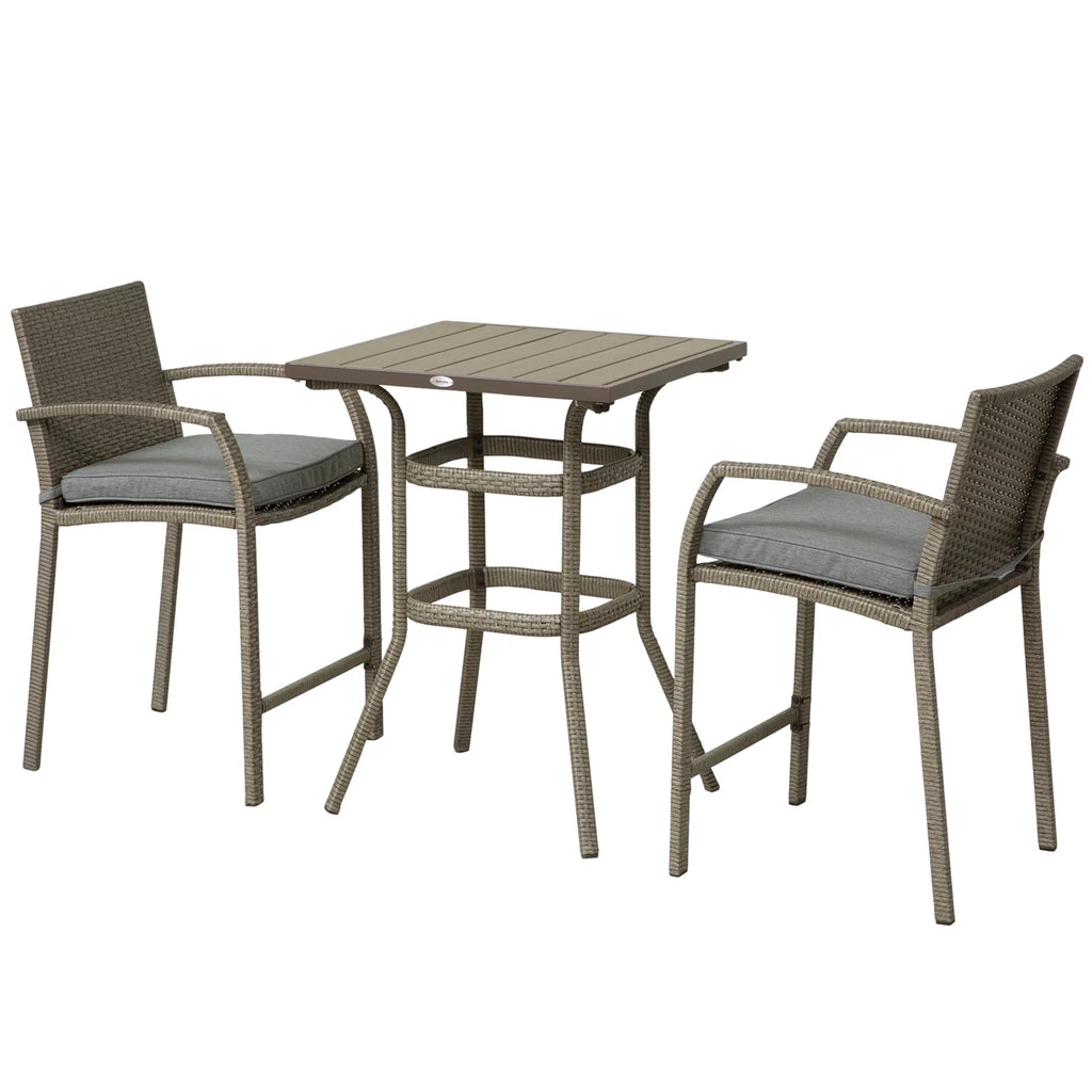 3 PCS Grey Rattan Wicker Bar Set with Wood Grain Top Table and 2 Bar Stools B91126