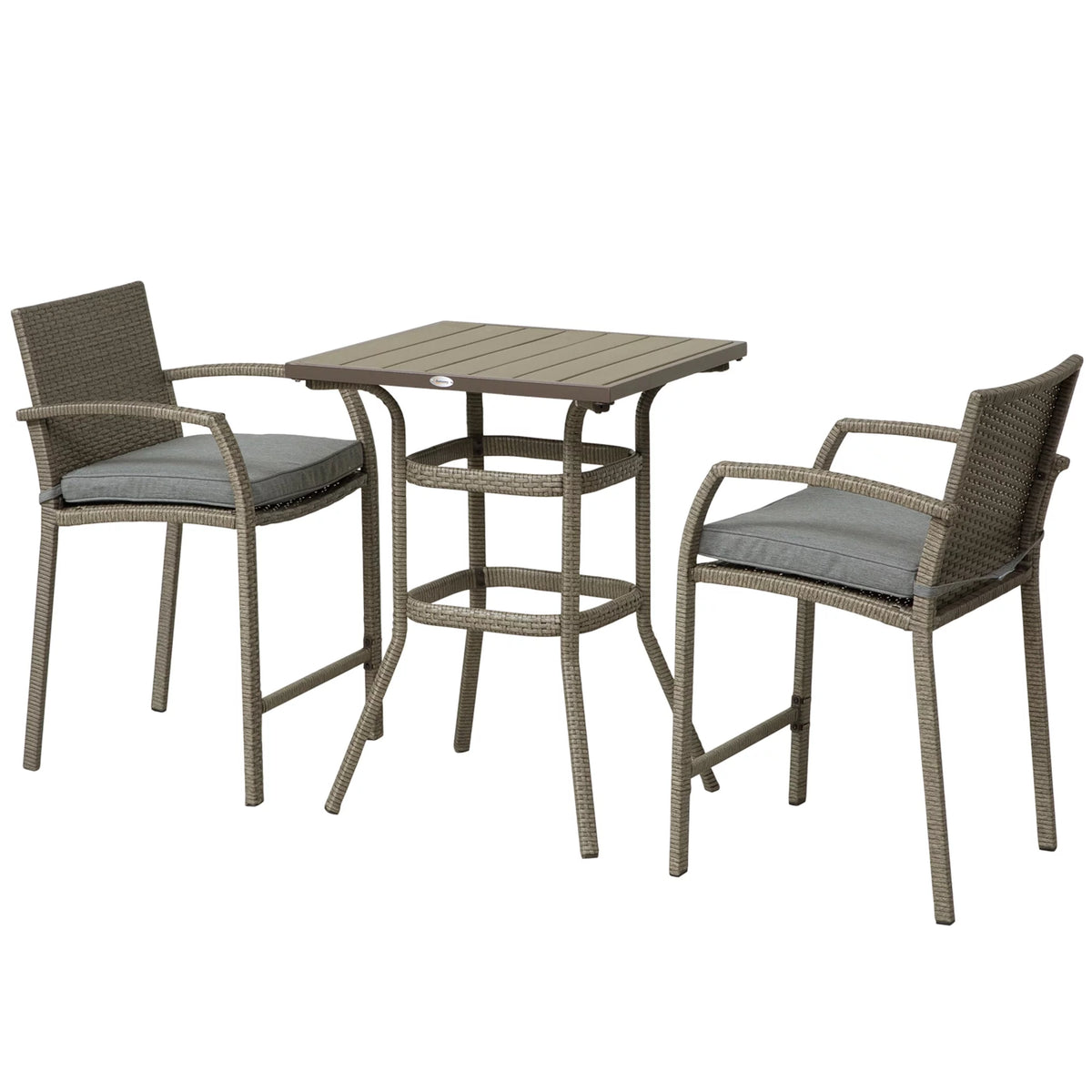 3 PCS Grey Rattan Wicker Bar Set with Wood Grain Top Table and 2 Bar Stools B91126