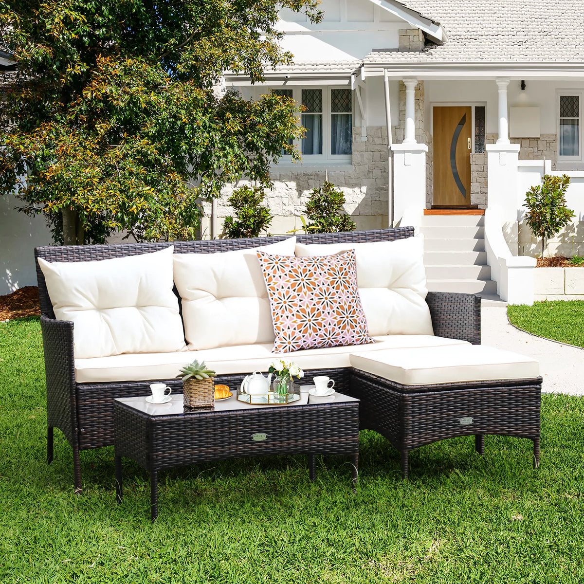 3 Pc Cushioned Patio Rattan Sofa Set C82542