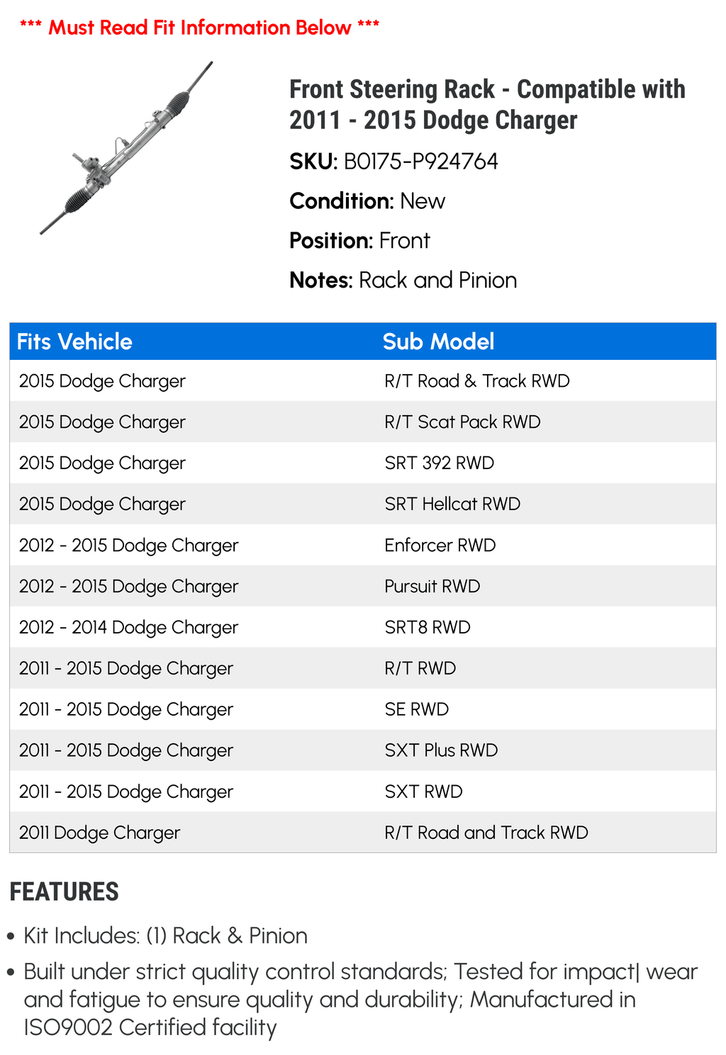 Steering Rack Compatible with 2011-2015 Dodge Charger D702840