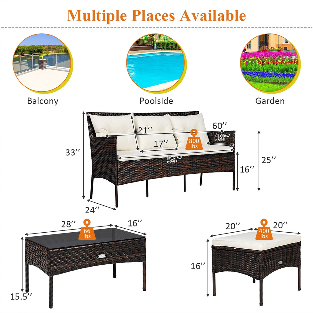 3 Pc Cushioned Patio Rattan Sofa Set C82542
