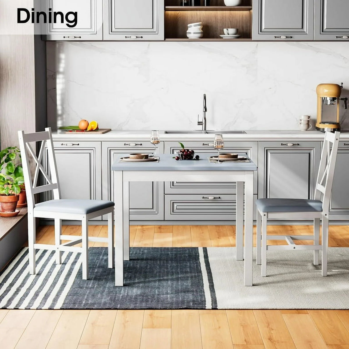 3 Piece Pine Wood Dining Table Set with 2 Upholstered Chairs V18473