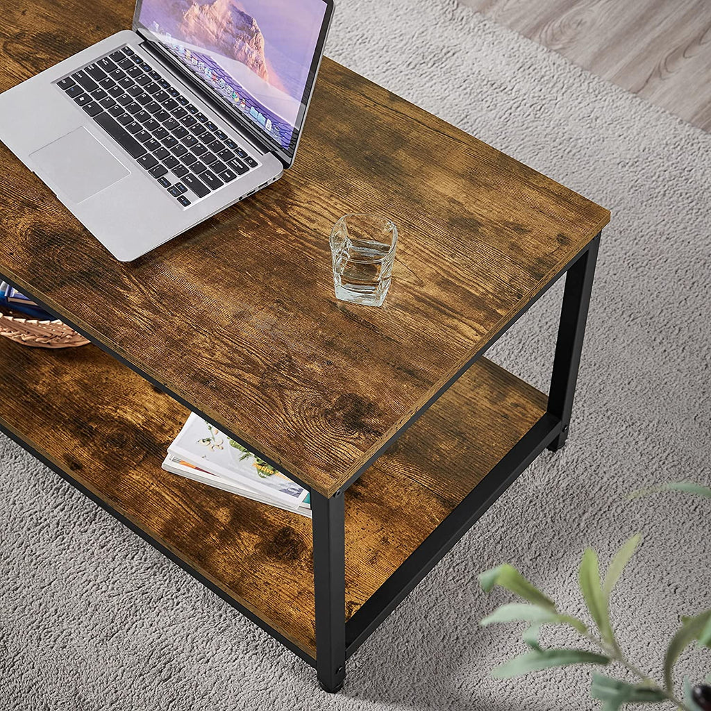 2-Tier Wood Coffee Table with Storage Shelf Metal Frame N558