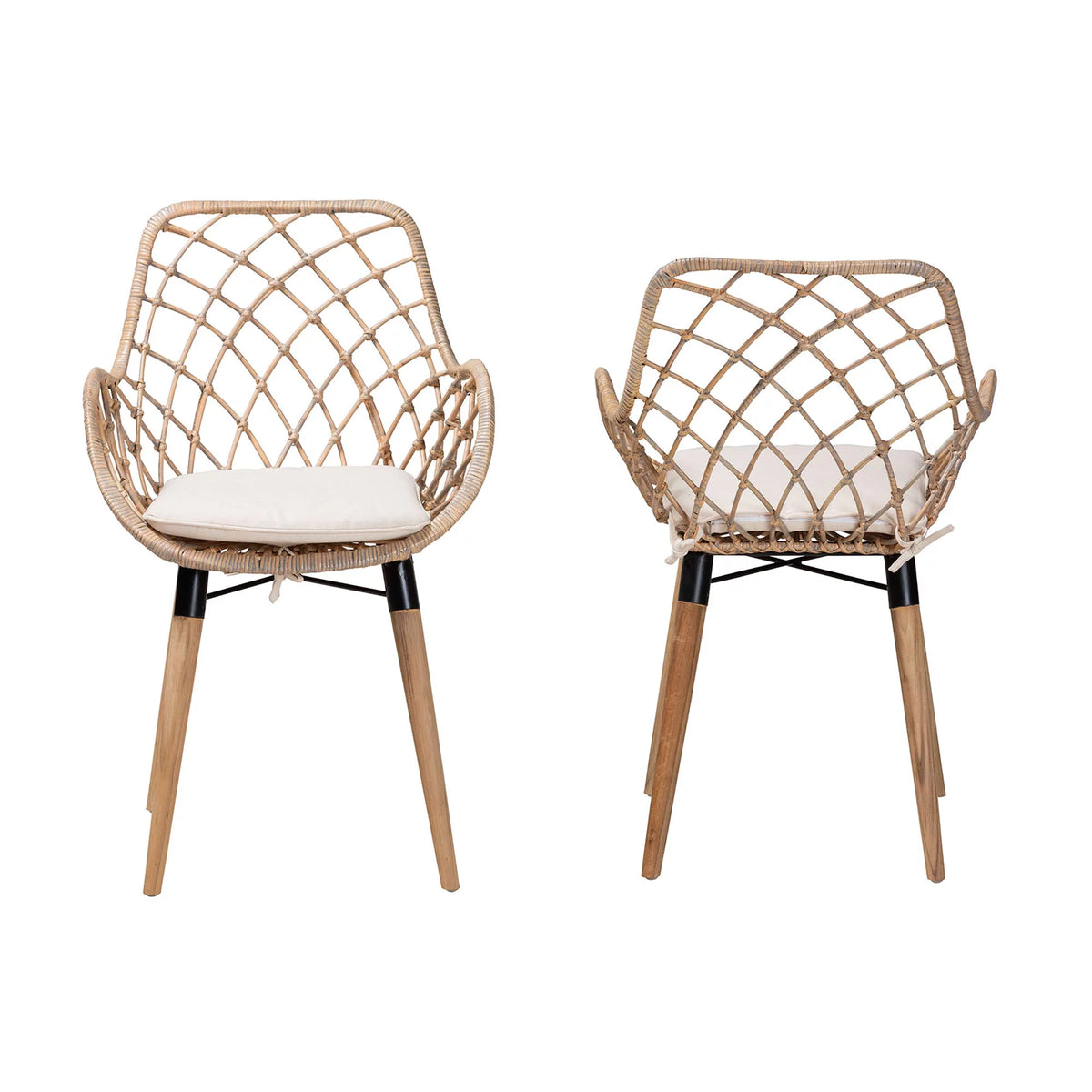 Natural Brown Teak Wood and Greywashed Rattan 2-Piece Dining Chair Set K2987