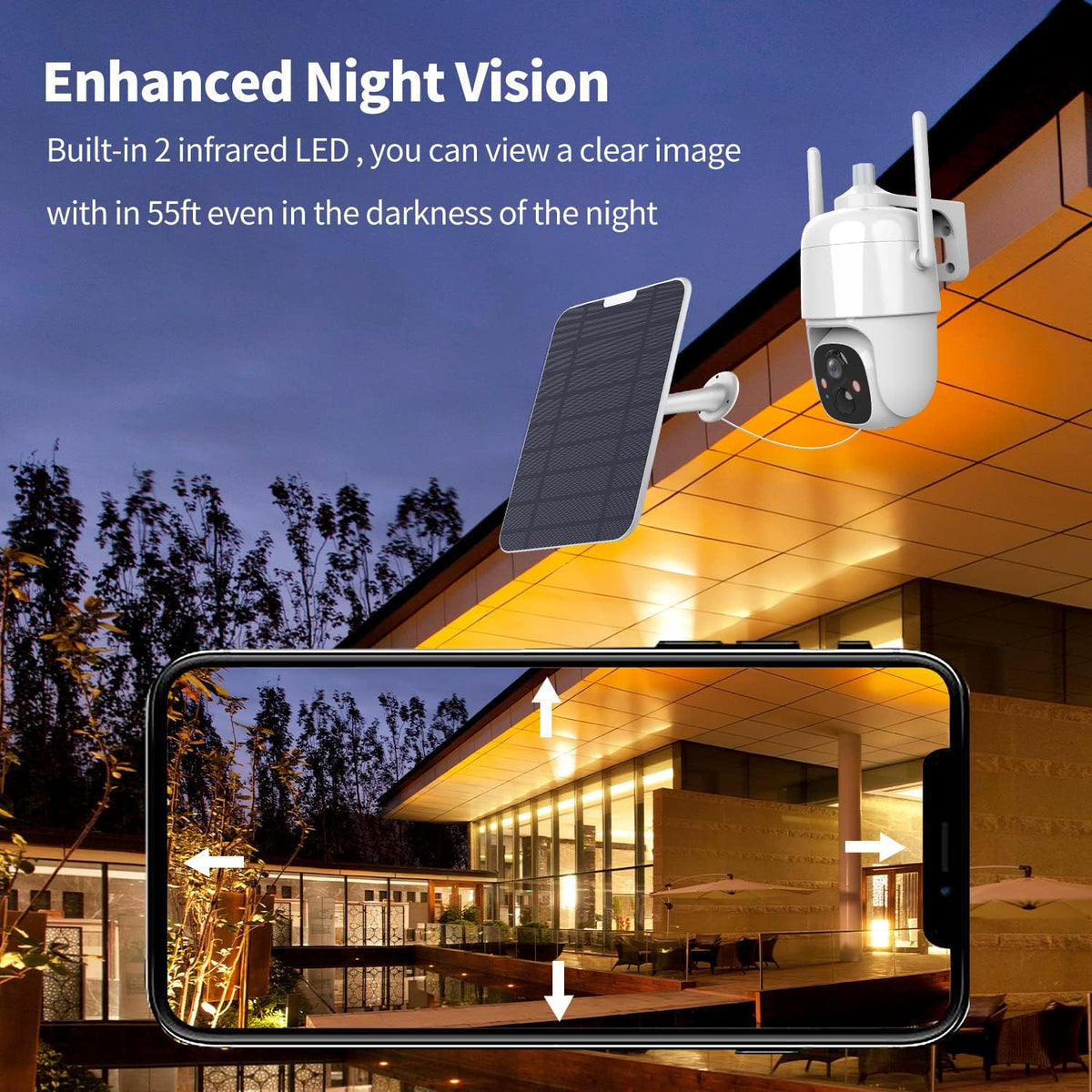 Wire-Free Solar Security Camera Outdoor with Night Vision Spotlight Pan Tilt PIR Motion Detection Two-Way Talk E9803