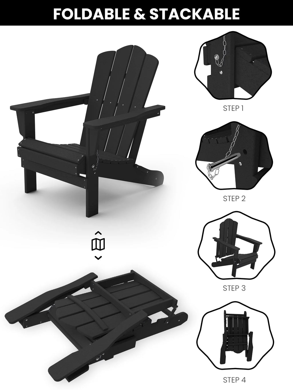 Black HDPE Folding Adirondack Chair T87294