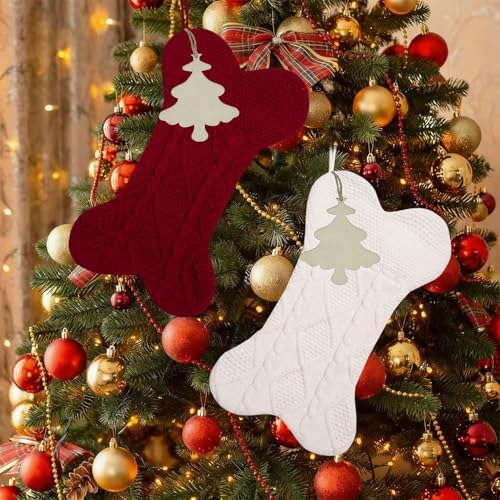 Knitted Dog Christmas Stocking with Name Tag, Large 18 inch Dog Bone Shape Stocking, Dual-Layer Lining, Red Bone O88480