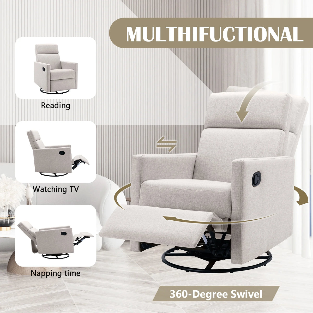 Tan Upholstered Swivel Recliner Chair L701