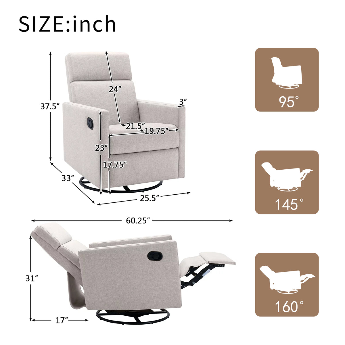 Tan Upholstered Swivel Recliner Chair L701