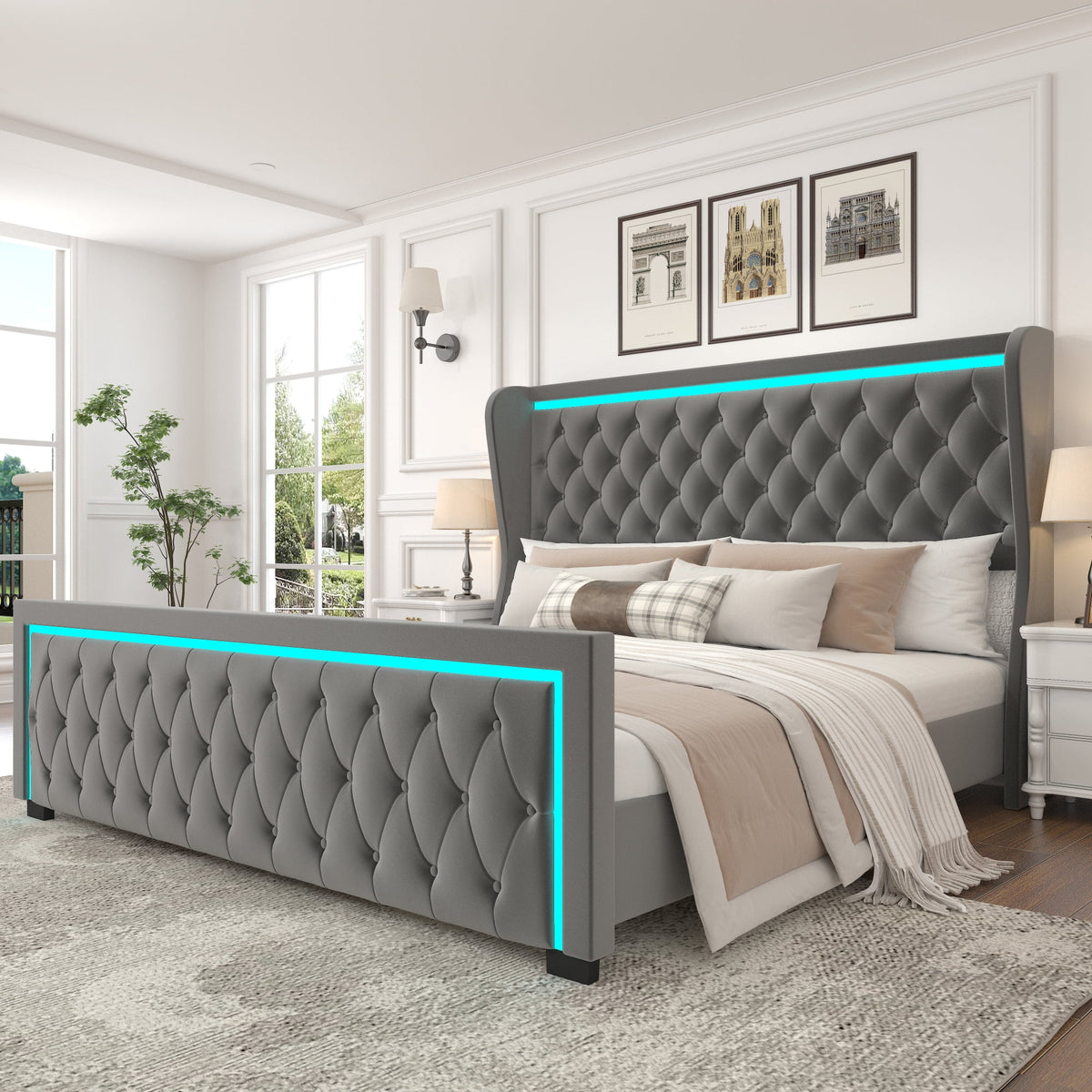 Grey King Velvet Upholstered Platform Bed Frame with Headboard R191