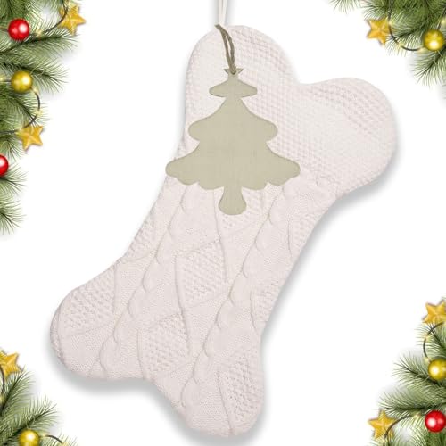 Knitted Dog Christmas Stocking with Name Tag, Large 18 inch Dog Bone Shape Stocking, Dual-Layer Lining, Red Bone O88480