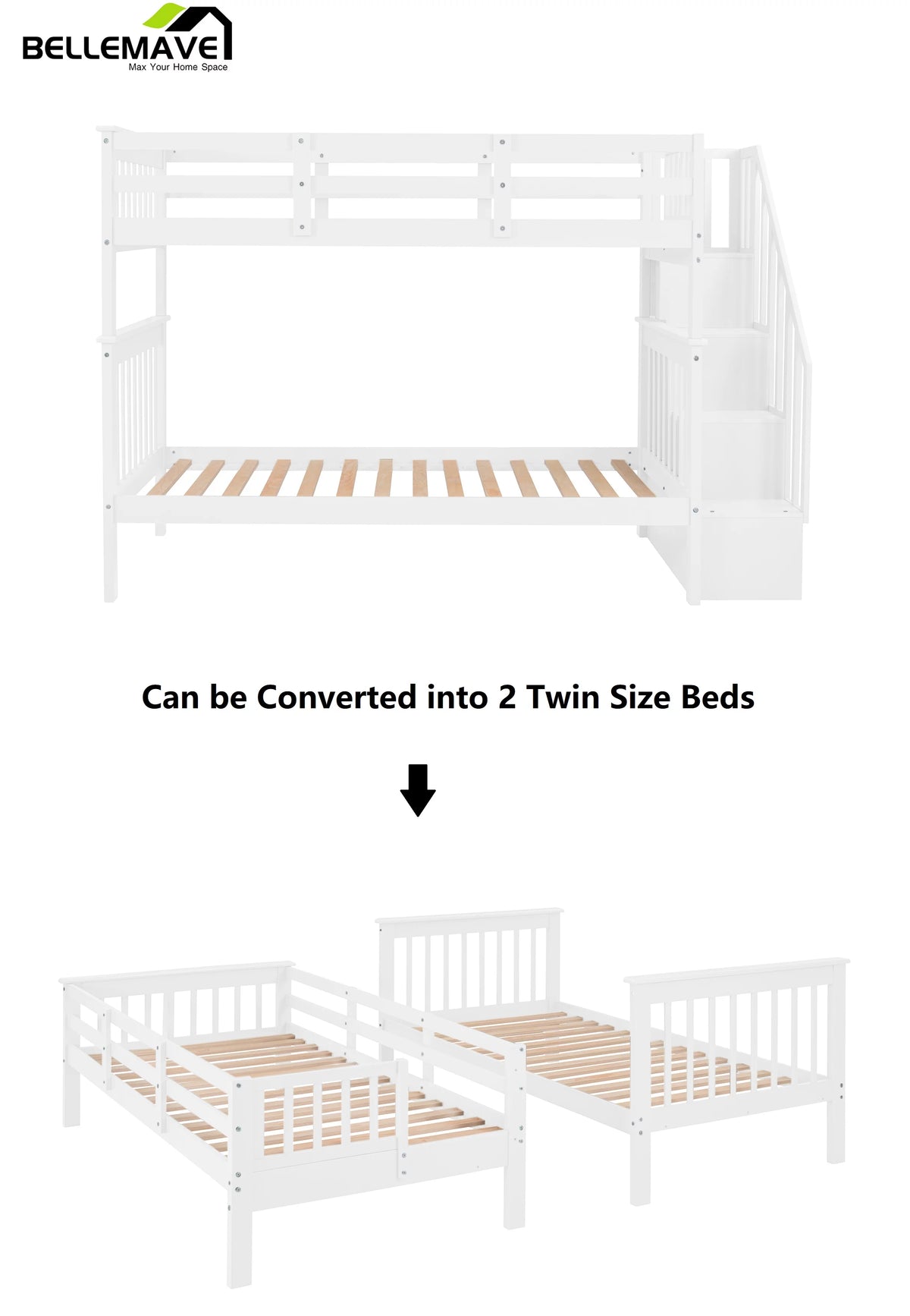 Twin Over Twin Bunk Bed with Storage Stairs and Guardrail, White U659
