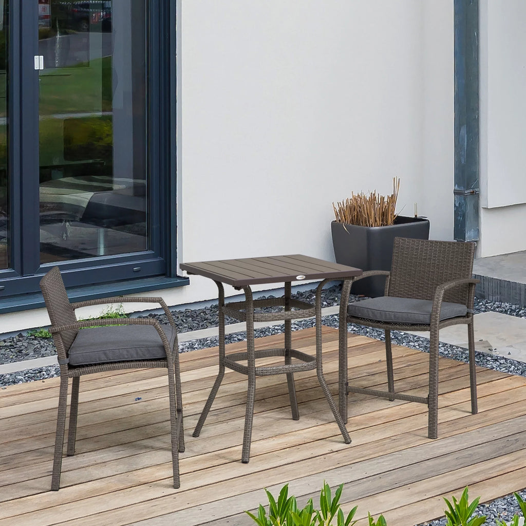 3 PCS Grey Rattan Wicker Bar Set with Wood Grain Top Table and 2 Bar Stools B91126