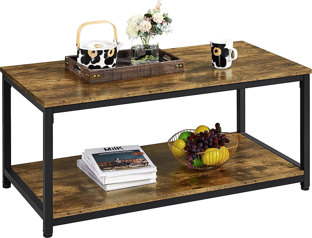 2-Tier Wood Coffee Table with Storage Shelf Metal Frame N558